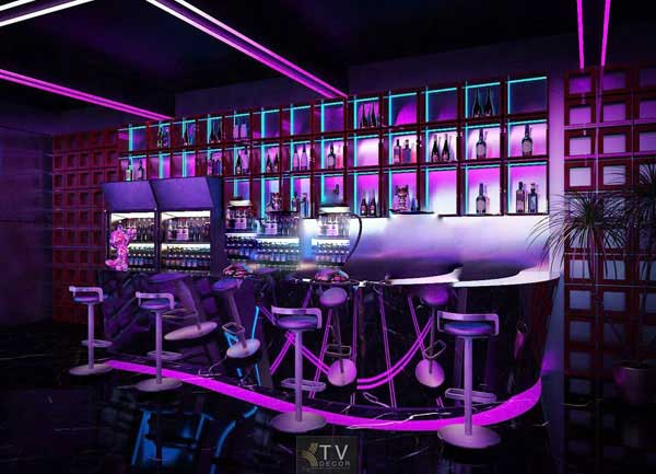 Thiết Kế Quầy Bar Lounge Sang Trọng Với Ánh Sáng Neon & Hookah Hiện Đại