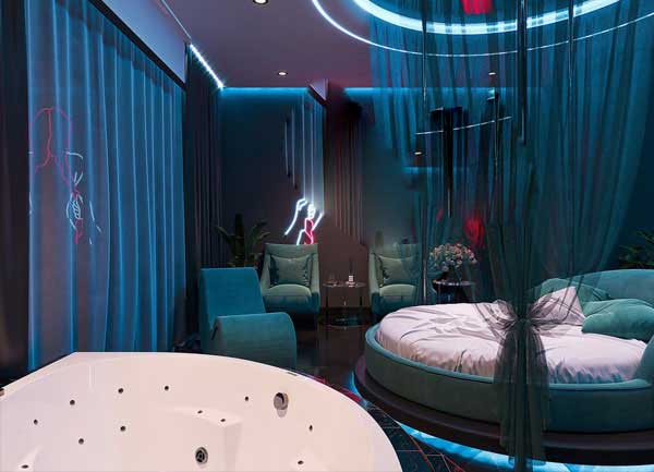 Thiết Kế Phòng Khách Sạn Tình Yêu Gợi Cảm Với Bồn Tắm Massage