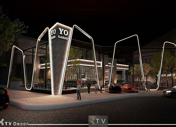 Hình ảnh thể hiện rõ phối cảnh về đêm của dự án YOYO Beer Garden