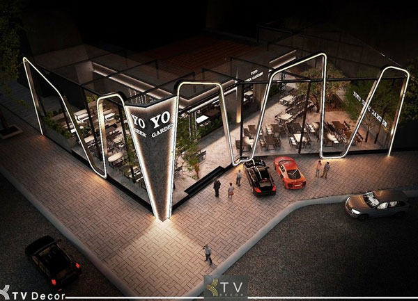 Phối cảnh tổng thể Beer Garden YOYO – Thiết kế mặt tiền ánh sáng nghệ thuật bởi KTV Decor