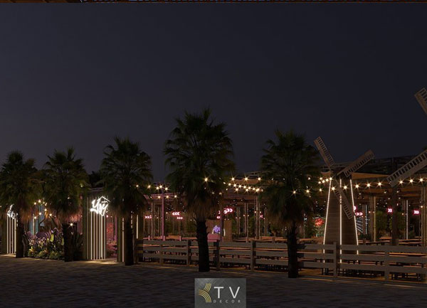 Thiết kế mặt tiền nhà hàng YOYO Garden với biểu tượng cối xay gió và hệ đèn dây trang trí – KTV Decor