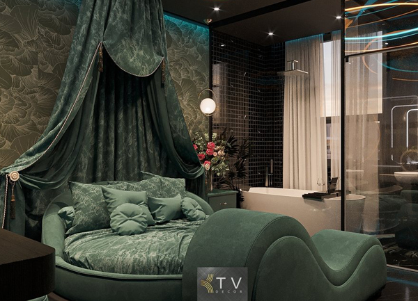 Thiết kế phòng khách sạn tình yêu phong cách Luxury tone xanh ngọc