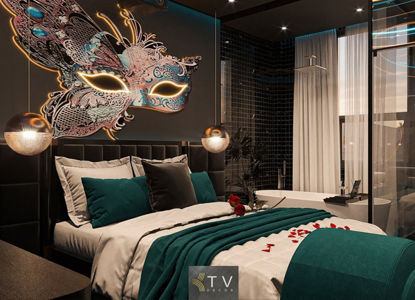 Thiết Kế Phòng Khách Sạn Tình Yêu Concept Mặt Nạ Dạ Hội