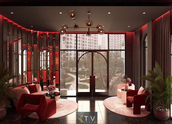 Thiết kế sảnh đón khách khách sạn tình yêu quyến rũ hiện đại không gian mở thư thái