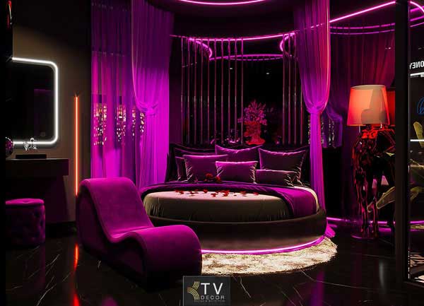 Thiết kế phòng Love Hotel ánh tím giường tròn Không gian hoàn hảo
