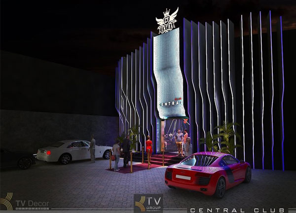 Thiết kế mặt tiền Club hiện đại với hiệu ứng LED sóng và màn hình uốn lượn ấn tượng