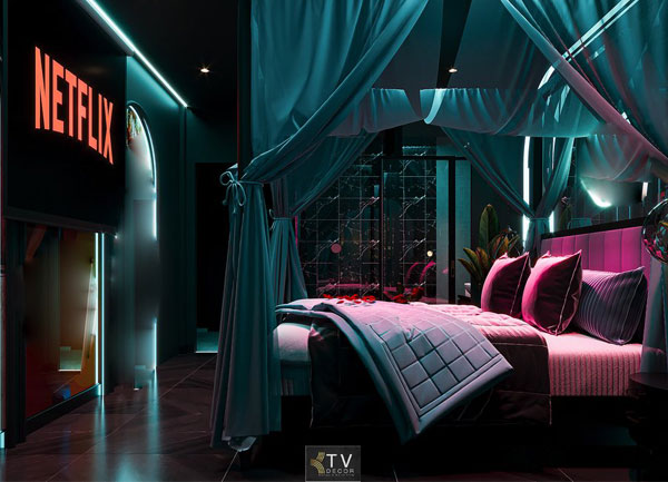 Thiết kế phòng khách sạn chủ đề tình yêu phong cách Romantic Neon Glow