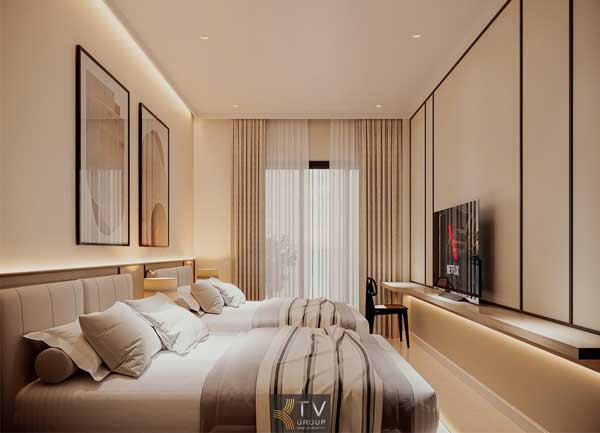 Thiết kế phòng khách sạn 2 giường tối giản sang tại Tây Ninh