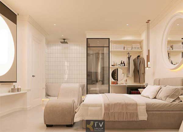 Thiết Kế Thi công Phòng Khách Sạn Tông Be Tinh Tế tại Long An