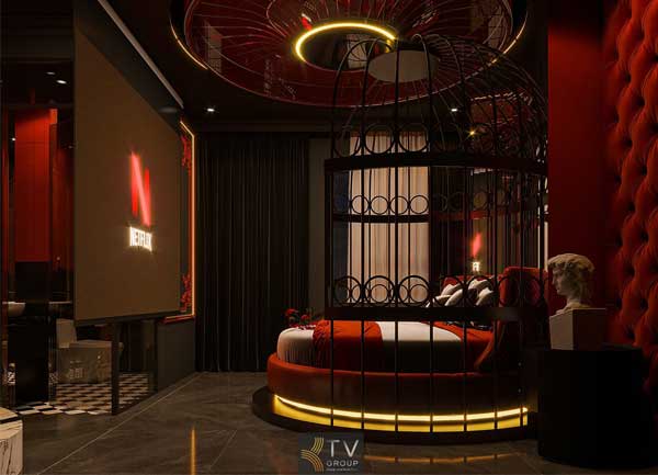 Thiết Kế Thi Công Phòng Khách Sạn Concept Ánh Sáng Đỏ tại Long An
