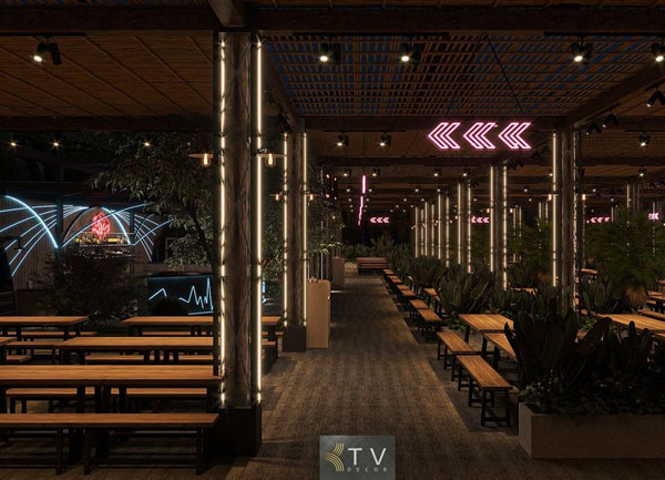 Thiết kế khu vực bàn tiệc và quầy bar trong nhà tại YOYO Beach Beer Garden