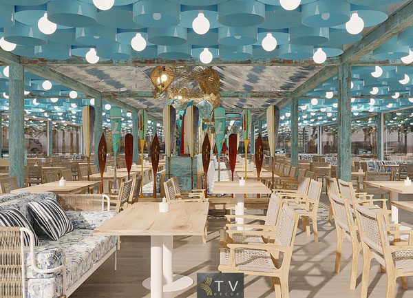 Thiết kế khu vực trung tâm nhà hàng Hải Cảng Seafood Không gian nghệ thuật lấy cảm hứng từ đại dương