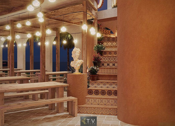 Phối Cảnh Gỗ Mộc, Gạch Bông  Đèn Treo Ấm Áp Trong Nhà Hàng Beer Garden