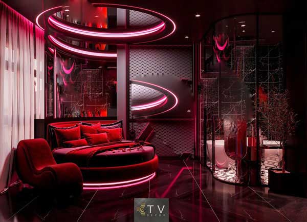 Thiết Kế Nội Thất Phòng Khách Sạn Tình Yêu Với Ánh Sáng Hồng Neon Và Không Gian Mở